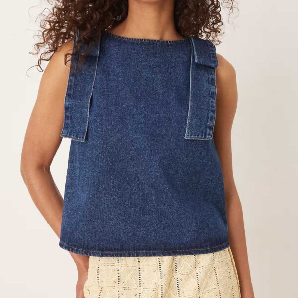 ASOS DESIGN denim tank top with bow shoulders indigo