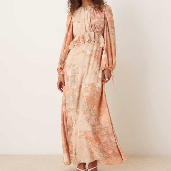 ASOS DESIGN long sleeve waisted ruffle detail maxi dress