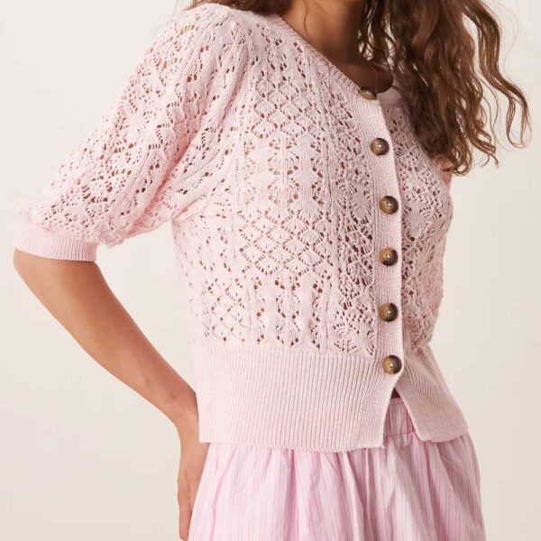 ASOS DESIGN puff sleeve cardigan in pointelle stitch in pink