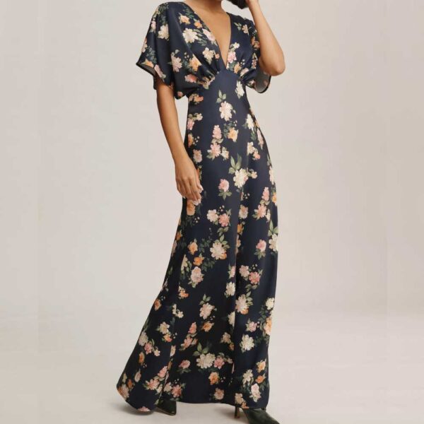 BHLDN Leila Deep-V Flutter-Sleeve Satin A-Line Gown