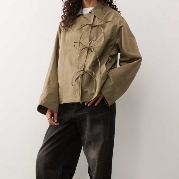 COLLUSION cropped bow tie trench jacket in khaki