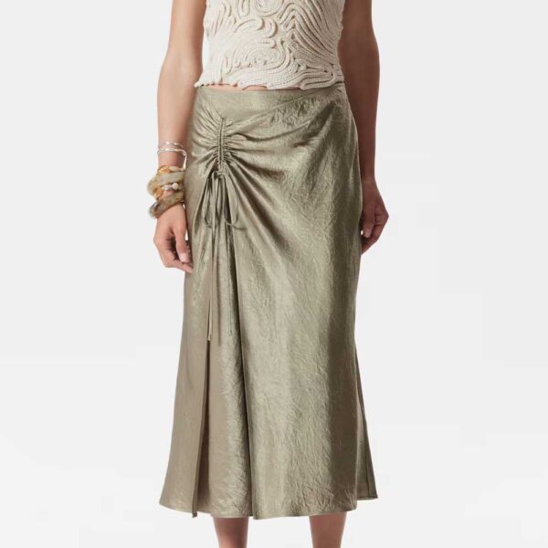 Drawstring Satin Midi Skirt Sage Green