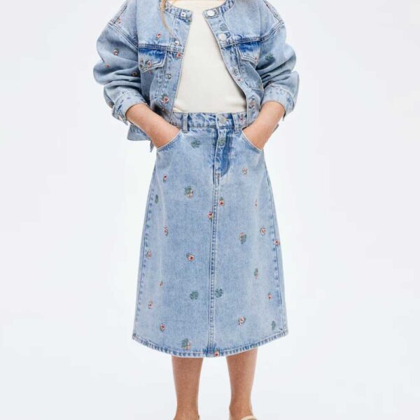 Embroidered-Detail Denim Skirt Light denim blue/floral