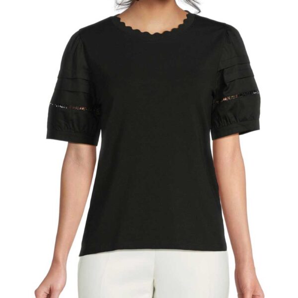 Karl Lagerfeld Paris Scalloped Crewneck Logo Lace Top