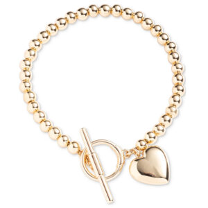 Lauren Ralph Lauren Gold-Tone Puffy Heart Charm Beaded Flex Bracelet