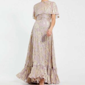 Mac Duggal  Purple Cape Sleeve A Line Floral Chiffon Gown