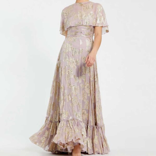 Mac Duggal  Purple Cape Sleeve A Line Floral Chiffon Gown