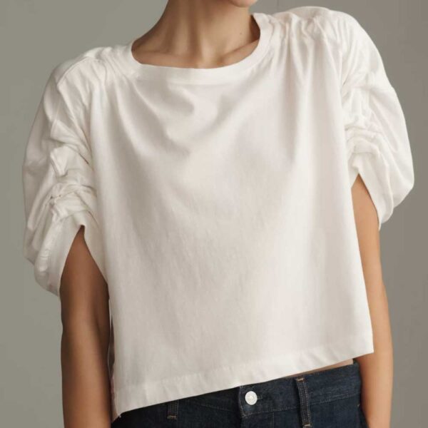 Maeve Woven & Knit Ruched-Sleeve Twofer Top