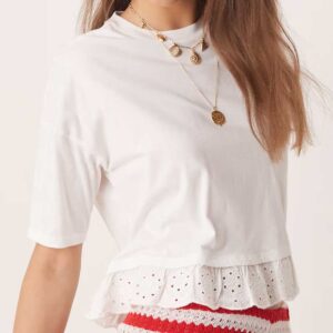Miss Selfridge eyelet hem short sleeve t-shirt in white