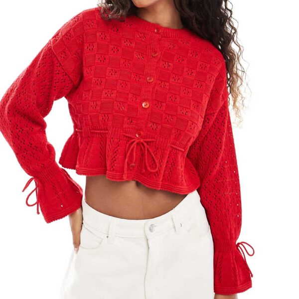 Miss Selfridge knit tie waist frill cardigan in red