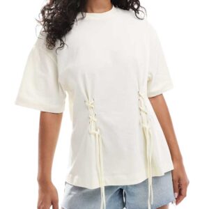 Miss Selfridge lace up cinched waist oversized tee in butter