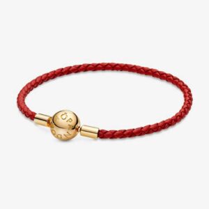 Pandora Moments Red Woven Leather Bracelet 14k gold plating