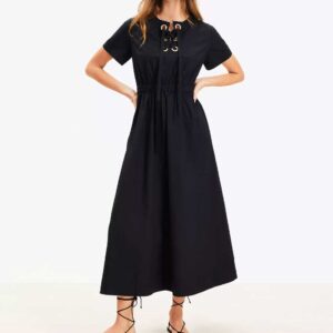 Poplin Lace Up Midi Pocket Dress