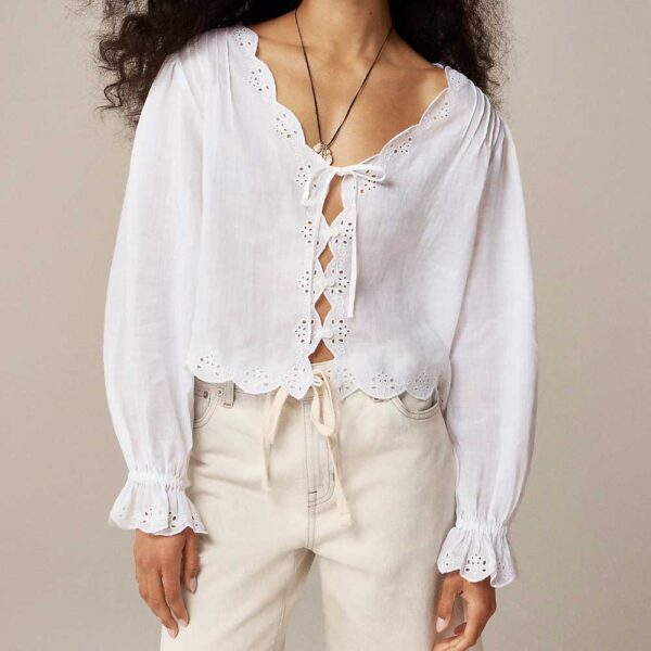 Scallop-trim tie-front top in ramie