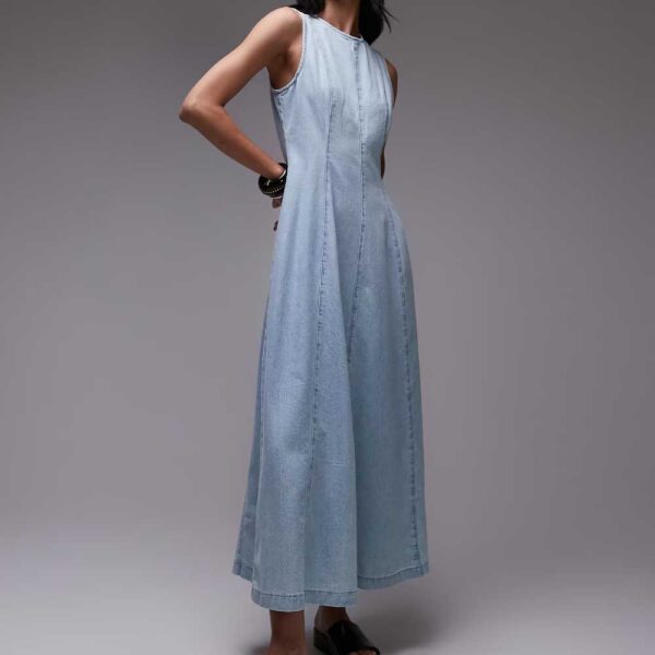 Topshop denim full seamed maxi dress in mid blue
