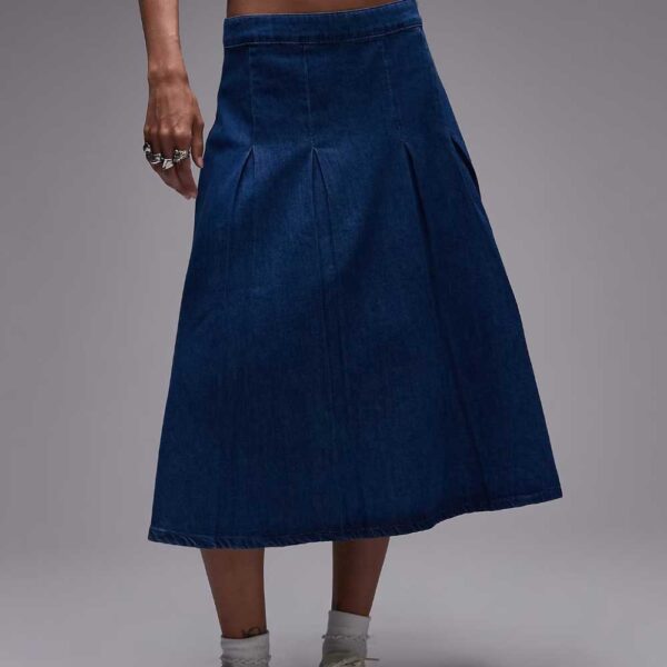 Topshop denim midi skirt with godets in mid blue