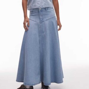 Topshop denim yoke front maxi skirt in bleach