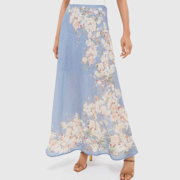 Zimmermann Teal Blue Botanical Floral Cascadian Bias Skirt