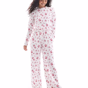 Threadbare bow print long sleeve pajama set in pink and white