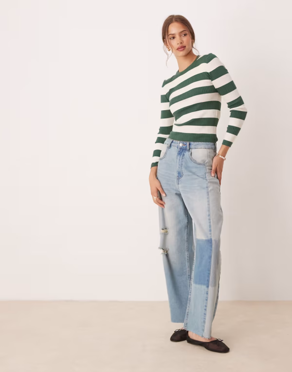JDY round neck sweater in green stripes