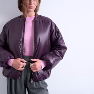Topshop high shine padded bomber jacket in eggplant