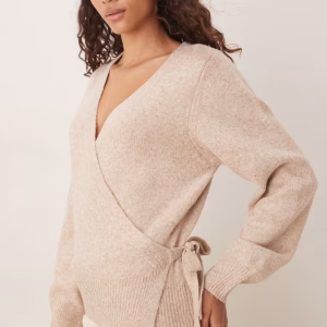 ASOS DESIGN knit eyelash wrap cardigan in oatmeal