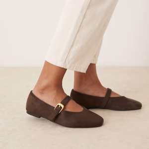 ASOS DESIGN Wide Fit Leah mary jane ballet flats in chocolate suedette
