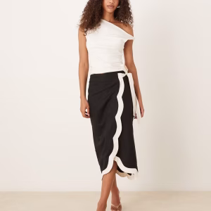 Never Fully Dressed scallop contrast midi skirt in black