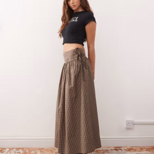 COLLUSION dropped waist printed maxi skirt in beige and black gingham