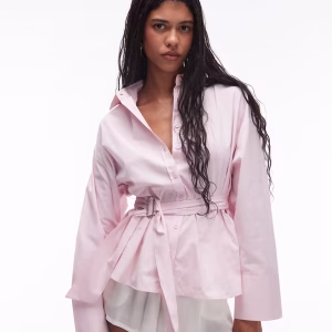 ASOS DESIGN poplin belted cinch shirt in pink