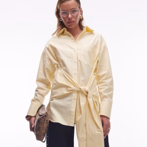 ASOS DESIGN poplin wrap tie waist shirt in ecru