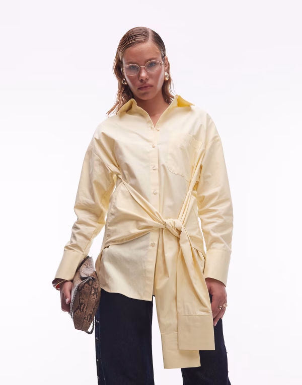 ASOS DESIGN poplin wrap tie waist shirt in ecru