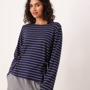 ASOS DESIGN long sleeve striped tie side cinched detail top in navy