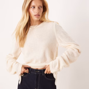 ASOS DESIGN knit sweater with gathered sleeves in ecru