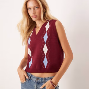 ASOS DESIGN fine knit button down tank top with argyle pattern