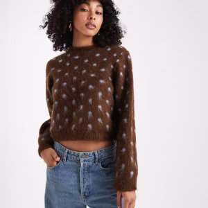 ASOS DESIGN brushed knit sweater in brown and blue polka dot