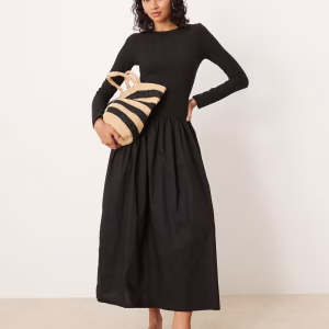 ASOS DESIGN long sleeve scoop back hybrid midi dress in black