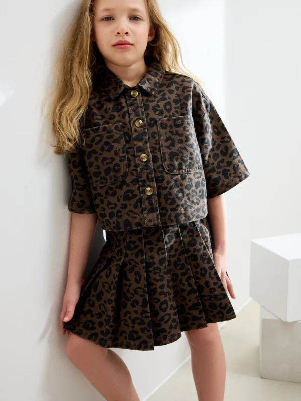 Animal Print Shirt and Pleated Skirt Set