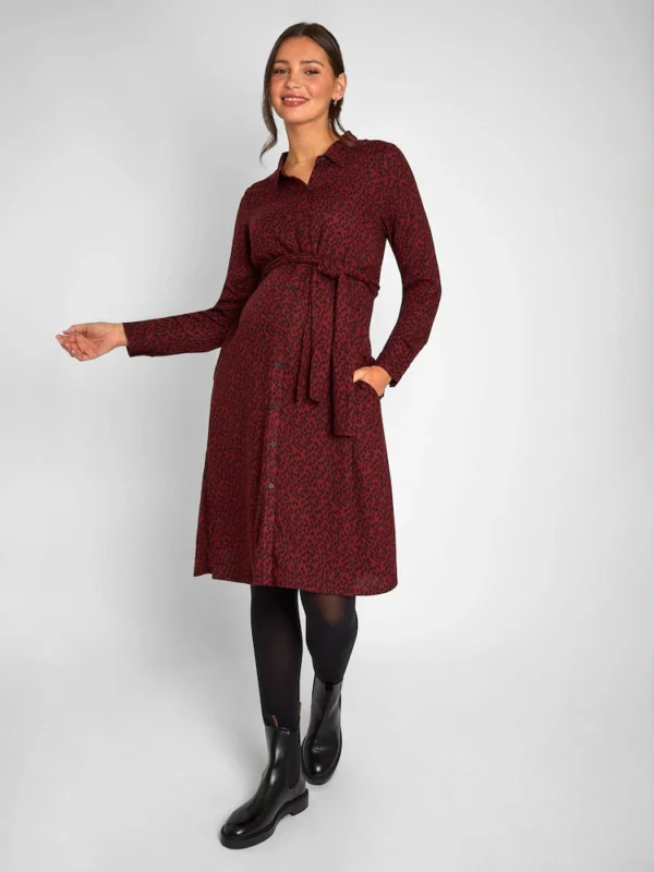 JoJo Maman Bébé Burgundy Red Animal Print Shirt Maternity Dress With Tie