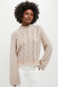 Hyacinth House Taupe Fringe Cable Knit Carly Sweater