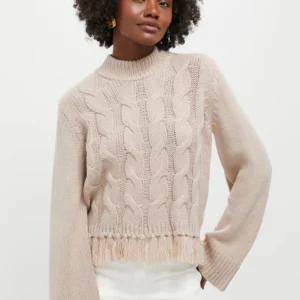Hyacinth House Taupe Fringe Cable Knit Carly Sweater