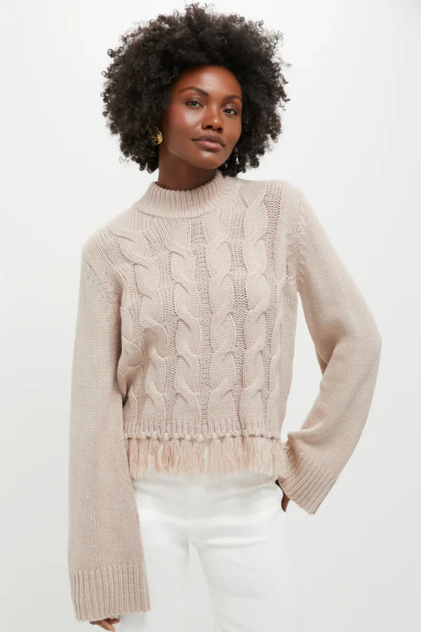 Hyacinth House Taupe Fringe Cable Knit Carly Sweater
