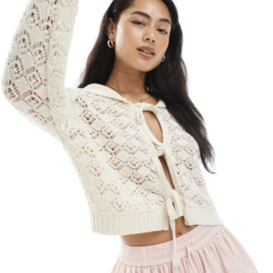 Miss Selfridge tie up pointelle cardigan in cream