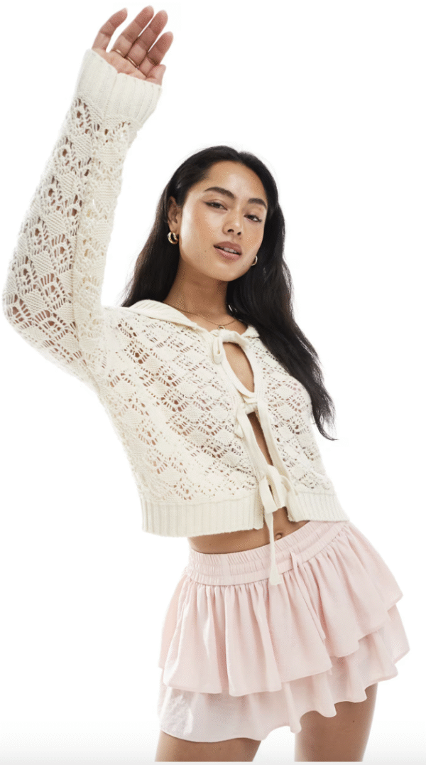 Miss Selfridge tie up pointelle cardigan in cream
