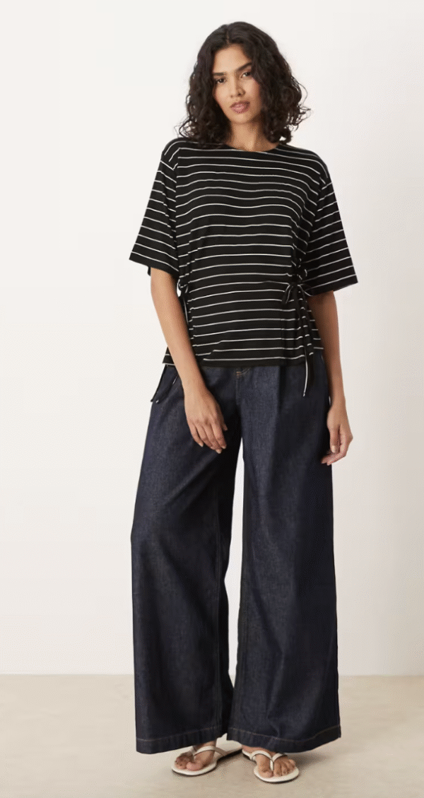 ASOS DESIGN striped short sleeve cinched tie side detail T-shirt in black