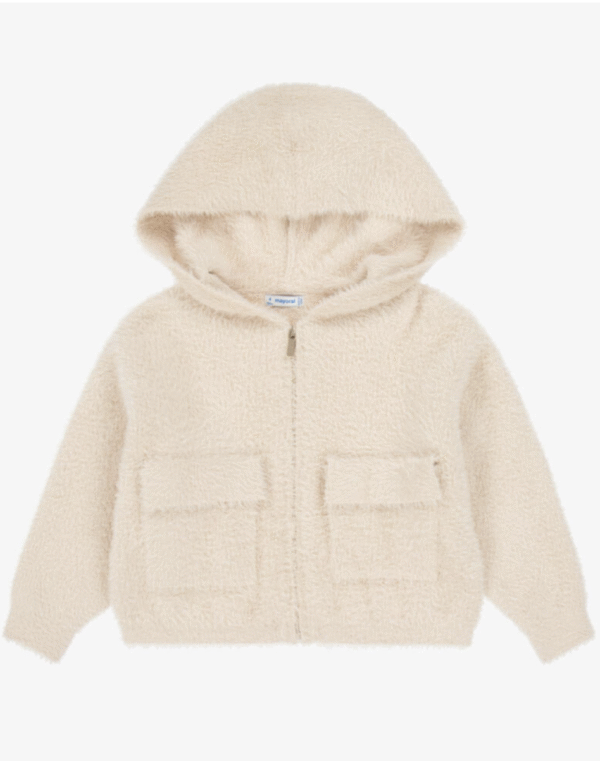 Mayoral Girls Ivory Fluffy Knit Hooded Zip-Up Top
