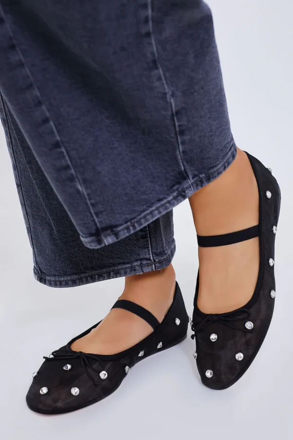 Loeffler Randall Black Mesh with Clear Rhinestones Leonie Flats