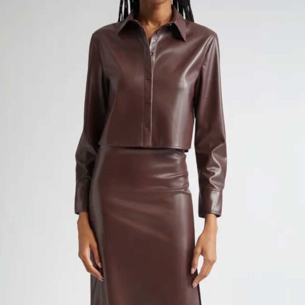 Alice + Olivia Leon Crop Faux Leather Button-Up Shirt