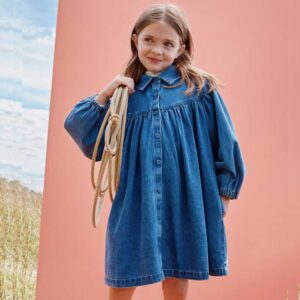 Balloon Sleeve Denim Dress with Pockets