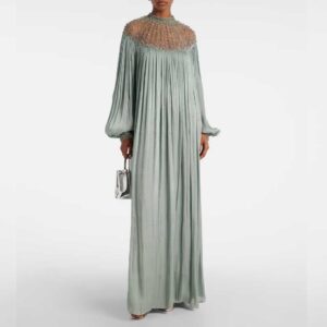 Costarellos Ellima embellished plissé georgette gown